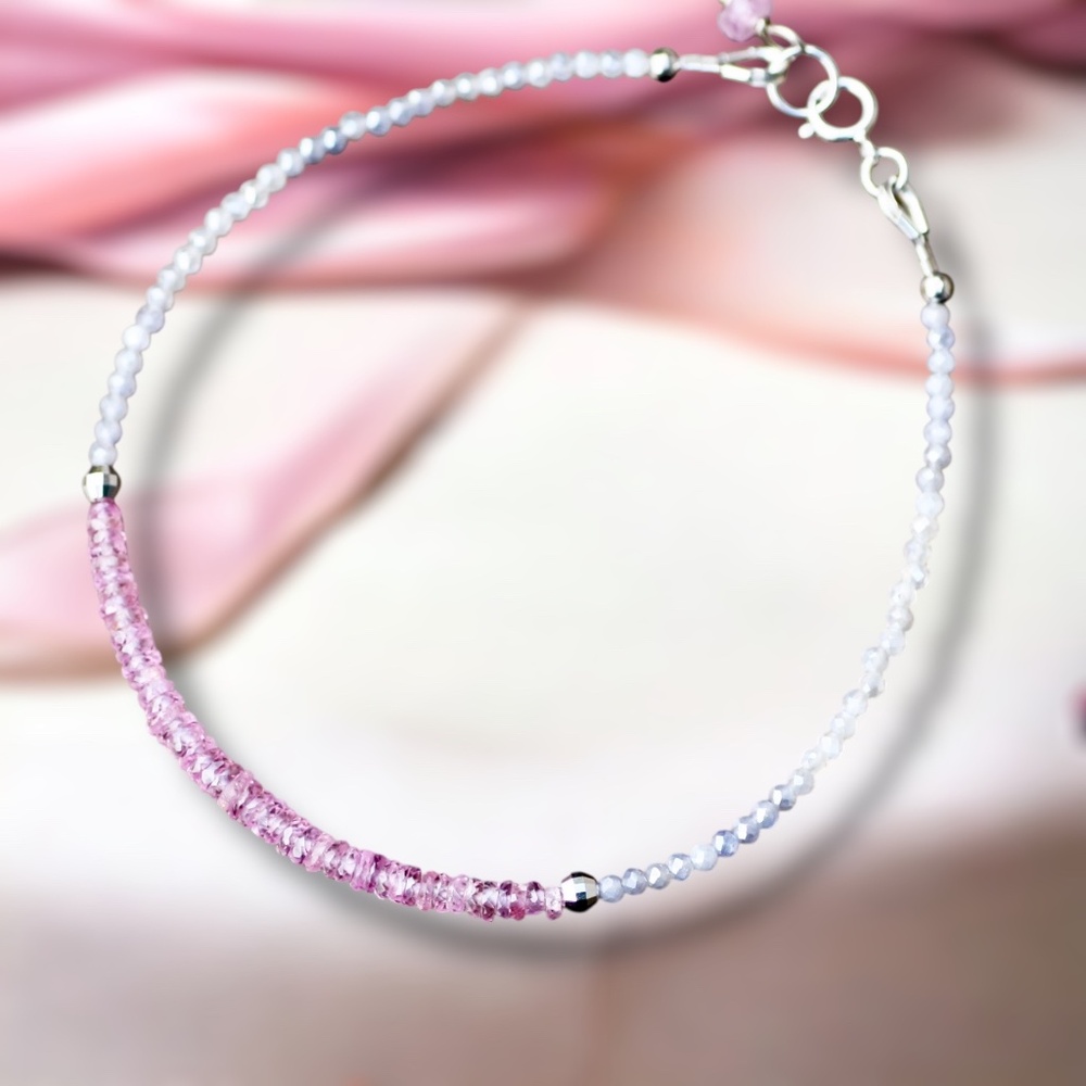 New Handmade Natural Pink Sapphire Bracelet Solid 14K White Gold , 6.9" - 7.5"